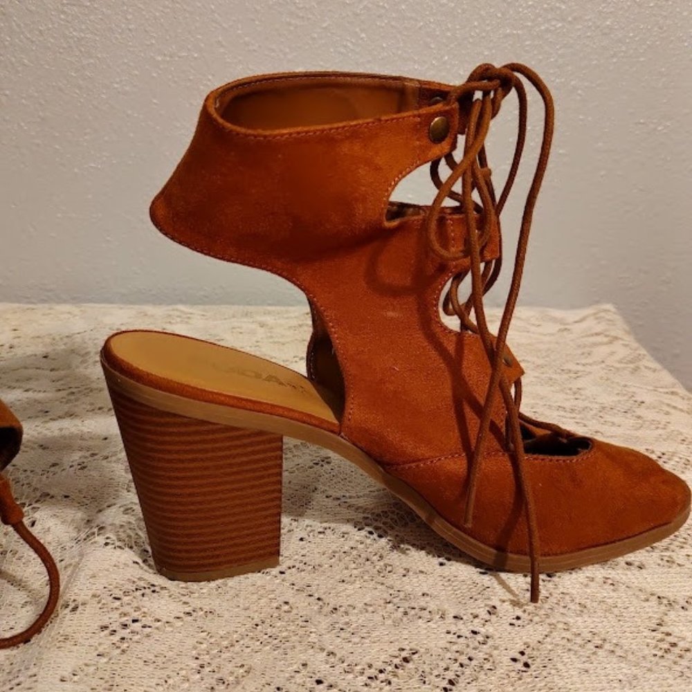 Soda Women's 11 Quince Faux Suede Peep Toe Lace Up Gladiator Slingback Open Back